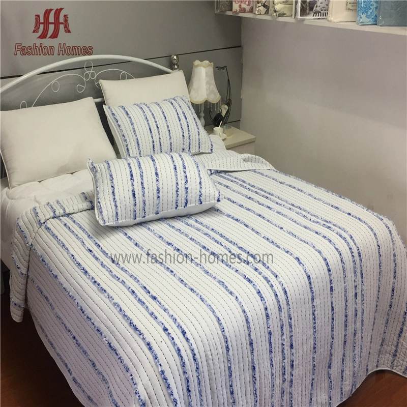 F-2275 Rice Stitching Embroidery Ruffle Quilt with Printed Ruffle Bedding Set
